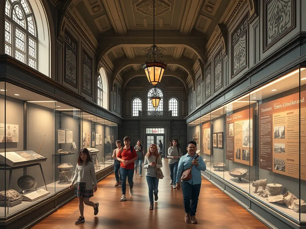 A lively scene of families and students participating in a guided tour inside Château Stephen-Liégeard, with historical artifacts and educational displays visible in the background, conveying an atmosphere of learning and discovery.