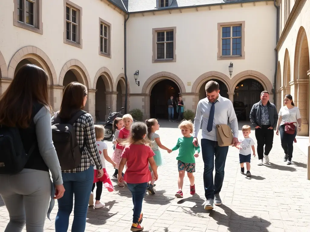 A vibrant photo of local families and children participating in a guided tour at Château Stephen-Liegeard, with a knowledgeable volunteer sharing stories about the château’s history and architecture.