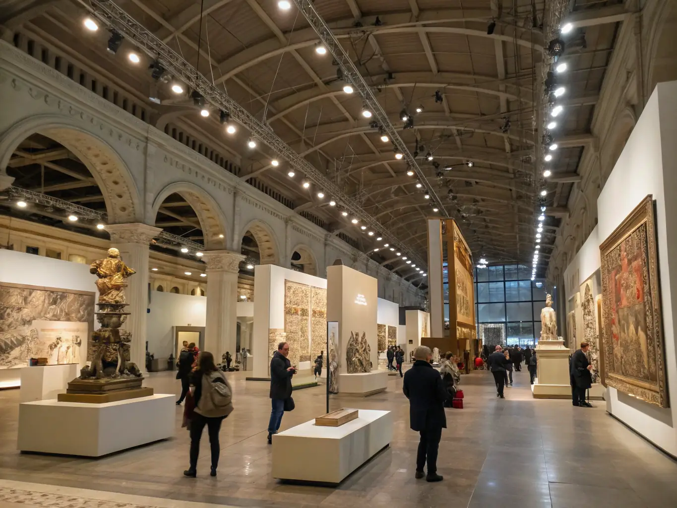 A vibrant image of an art exhibition in one of the château’s grand halls, featuring local artists’ works, visitors admiring paintings, and elegant lighting that highlights the cultural ambiance of the event.