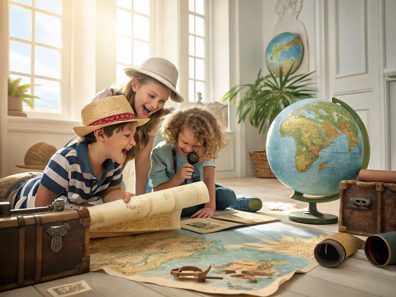 A group of children and adults participating in a hands-on history workshop, handling old documents and artifacts in a bright classroom.