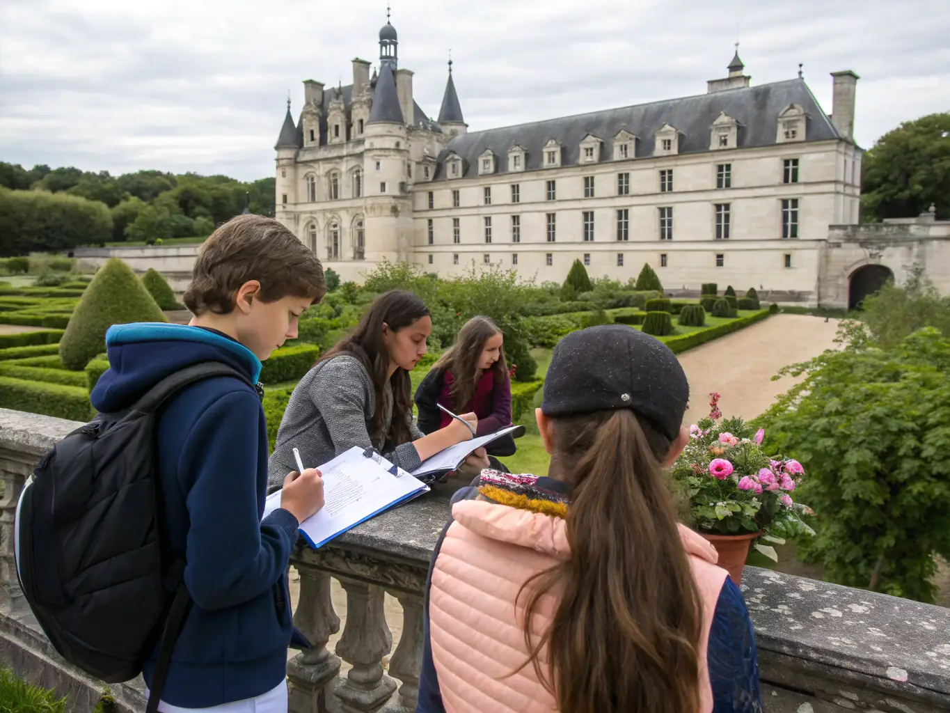 A guided tour group standing in front of the château, listening to a guide in period costume.