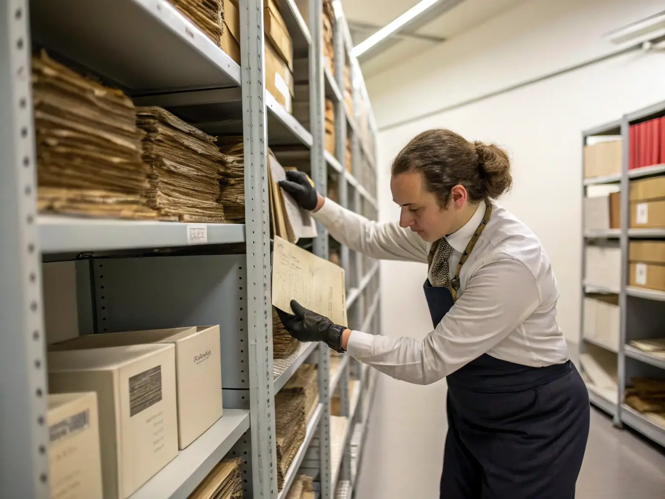 A candid image of community members collaborating on a restoration project, carefully handling historical artifacts and documents inside the château’s archive room.