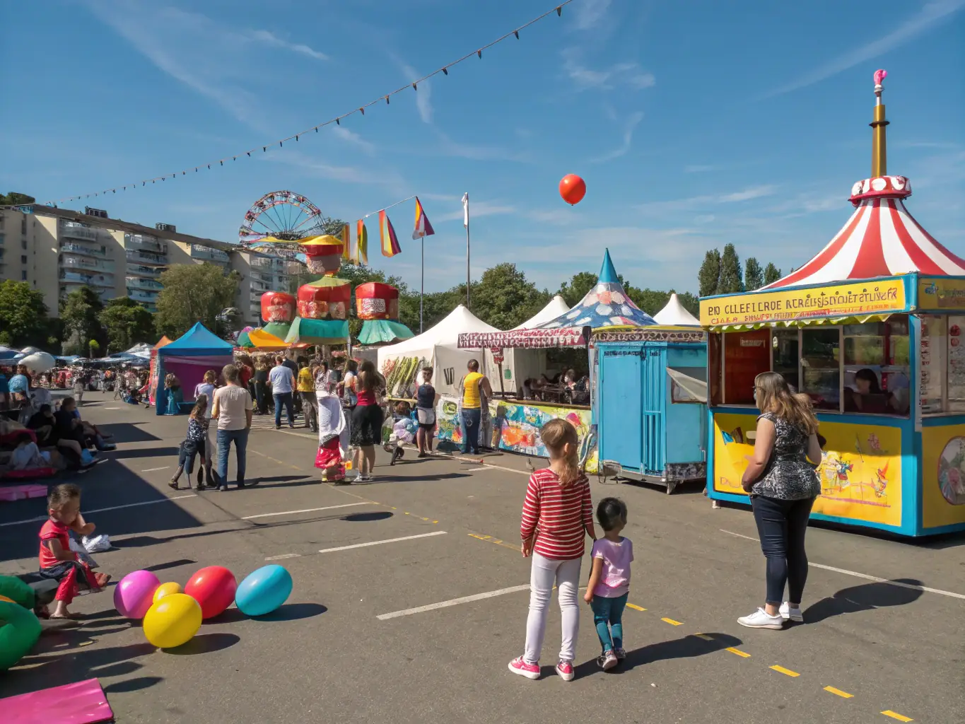 A festive outdoor gathering on the château grounds, with people enjoying live music, food stalls, and traditional performances under decorative lights, capturing the spirit of community celebration.