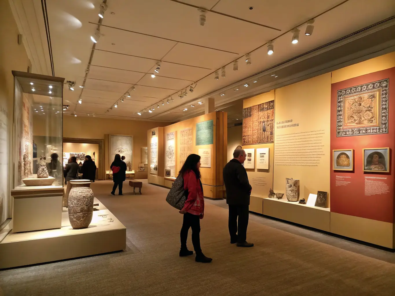 A well-lit image of an exhibition hall inside the château, featuring archival documents, vintage photographs, and educational displays with visitors attentively exploring the exhibits.